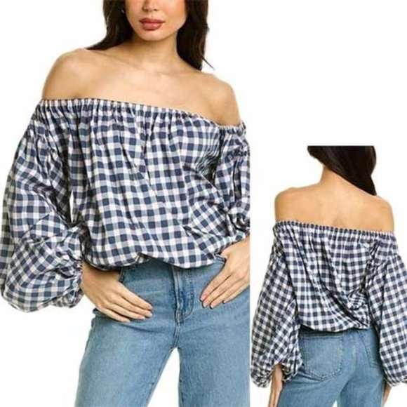 Caroline Constas Andros Check Balloon Sleeve Elastic Top Women's Blue Sz XS NWOT